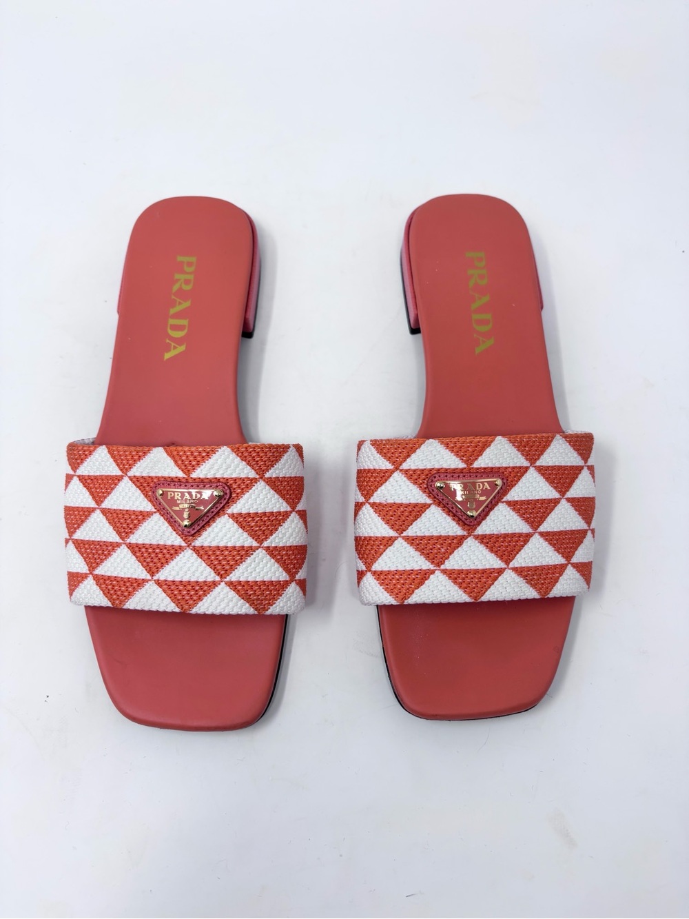 Prada Triangle Logo Slide Mule Orange Leather and Jacquard Canvas size 37 Flat - Picture 3 of 7